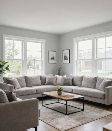 A wide-angle photograph of a bright, modern North American living room with large windows and light gray walls. The space is impeccably clean, featuring minimalist furniture and a fresh, professional atmosphere.
