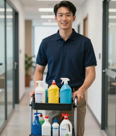 A medium shot of a professional cleaning technician in a clean, modern hallway of a North American office building. They are wearing a professional polo shirt and holding a tidy caddy of cleaning supplies. The atmosphere is professional, bright, and trustworthy.