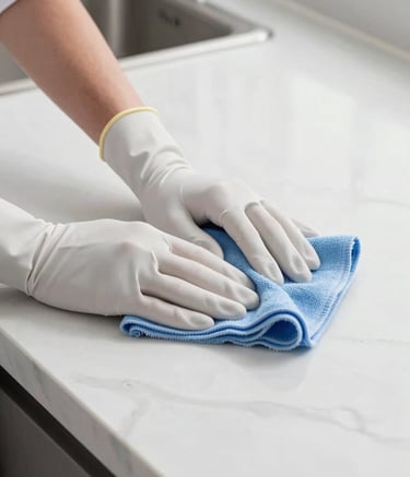 A close-up photograph of a professional's gloved hands using a light blue microfiber cloth to detail-clean a white marble kitchen countertop in a high-end North American home. Bright, airy, and modern composition.