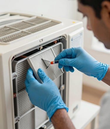 Close-up of a technician's hands wearing blue protective gloves, carefully cleaning the internal filters of an indoor AC unit. Bright daylight, professional South Asian / Indian setting, highlighting hygiene and technical precision.