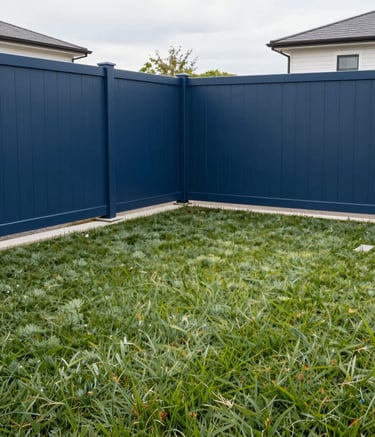 A wide shot of a modern residential backyard featuring a clean deep slate blue perimeter fence and neatly manicured sage green lawn. The composition shows the integration of industrial fencing with natural beauty under soft daylight.