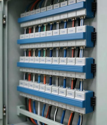 A high-quality, professional photograph of a perfectly organized commercial electrical panel with neat wiring, showcasing technical precision. Clean, bright lighting with a color palette including shades of blue and metallic silver, matching the modern professionalism of Cadtroni Electrical Solutions.
