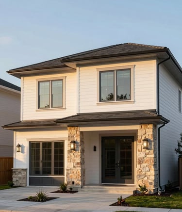 A high-end modern residential home in a North American / US suburb during the golden hour. The facade features a sophisticated mix of soft off-white siding and warm beige stone accents. The lighting is soft and professional, highlighting the clean architectural lines and refined design.