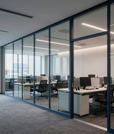A contemporary business office interior in Central Europe, featuring clean lines, glass partitions, and a professional atmosphere with steel blue and muted grey accents.