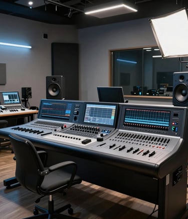 A professional high-end audio-video production studio in Bratislava with modern lighting and high-tech equipment. The scene features steel blue and charcoal tones, reflecting a sophisticated Central European creative workspace.