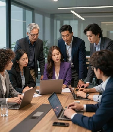 A professional group of diverse colleagues collaborating in a glass-walled North American / US boardroom. They are focused on a digital presentation, radiating trustworthiness and modern professionalism. The lighting is crisp, and the environment features dark charcoal navy and dusty periwinkle color tones.