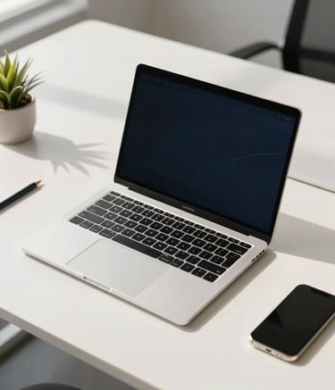 A high-angle photography shot of a sleek, modern workstation in a bright North American / US office. A high-end laptop is open on a white desk, surrounded by minimalist office decor. The scene is bathed in natural light, with soft shadows and a professional atmosphere featuring soft off-white and deep steel blue accents.