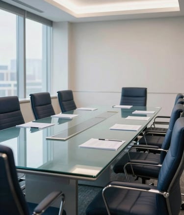 A sophisticated corporate boardroom in a Global / Professional business hub. The room features a long glass table reflecting Sky Blue lighting and comfortable Midnight Navy chairs. The environment is clean, bright, and professional, suggesting a place where high-level decisions are made.