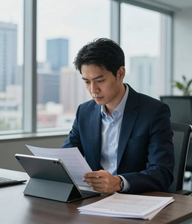 A focused professional in a modern Global / Professional office setting, reviewing documents on a sleek tablet. The background features a blurred view of a city skyline through large windows. The scene is lit with natural morning light, incorporating Ocean Blue and Midnight Navy tones in the office decor.