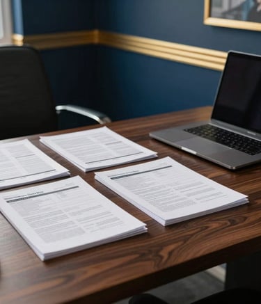 A professional office setting in San Jose, Costa Rica. A dark wood desk features neatly organized tax documents and a modern laptop. The lighting is soft and natural, with elegant navy blue and gold accents visible in the room decor.