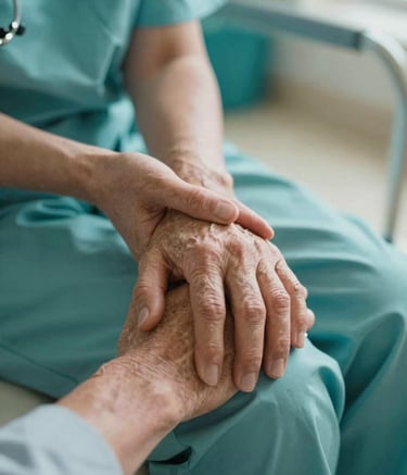 A close-up photograph capturing a compassionate moment where a healthcare professional's hand is gently resting on an elderly person's hand in a North American / US medical setting. The lighting is warm and natural. The colors include soft aqua and muted teal accents in the background.