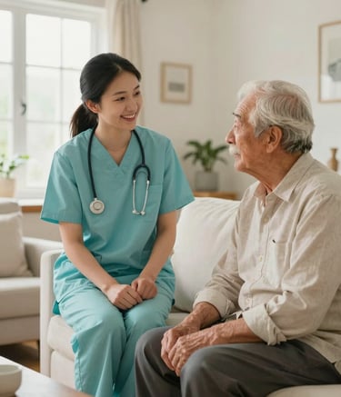 A warm and inviting scene showing a professional caregiver and a senior citizen sharing a conversation in a brightly lit North American / US living room. The room is decorated in bone white and soft aqua tones, exuding empathy and professional warmth.