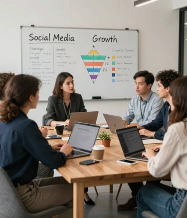 A collaborative team meeting in a bright, modern office with Scandinavian furniture. A whiteboard displays strategic social media plans and growth funnels. The atmosphere is professional, North American / International.