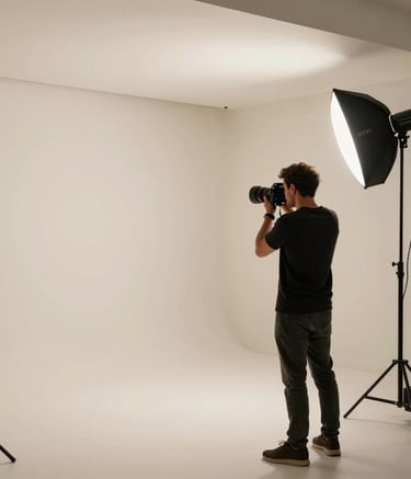 Professional photography studio setup where a photographer is capturing high-end lifestyle products. The space is minimalist and modern, reflecting a North American / International aesthetic with Crisp Parchment walls and professional lighting gear.
