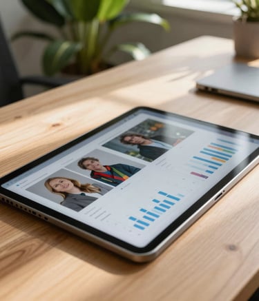 A close-up photograph of a professional digital tablet showing social media engagement analytics, resting on a clean wood desk in a sunlit North American / International office. The atmosphere is sophisticated and strategic with Matte Forest Green plant accents in the background.
