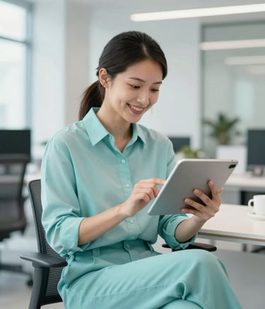 A lifestyle shot of a professional sitting in a modern, airy office space, smiling while interacting with an Android tablet. The environment is clean and innovative, featuring a color palette of #F0F8F8 and #2E6C6C. The focus is on the intuitive joy of the device.