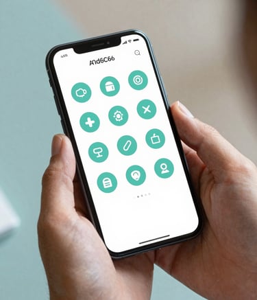 A close-up, high-quality photograph of hands holding a modern Android smartphone. The screen displays a clean, user-friendly interface with minimalist icons in #2E6C6C. The lighting is soft and natural, emphasizing a seamless tech experience. Background colors include soft touches of #74A7A7.