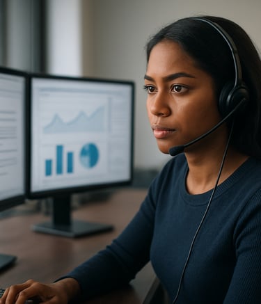 Close-up of a freight broker coordinating shipments on a laptop