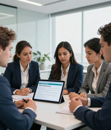 A diverse group of South American / Brazilian corporate executives reviewing health and wellness benefit plans on a digital tablet in a sophisticated modern office with blue and white accents, bright natural lighting, highly professional and authoritative composition.