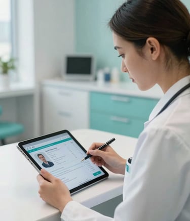 A focused medical administrator in a sleek, modern Sydney, Australia clinic, using a digital tablet with a patient-centric interface. The lighting is bright and natural, reflecting an atmosphere of efficiency and trust, featuring accents of mist white and ocean teal.