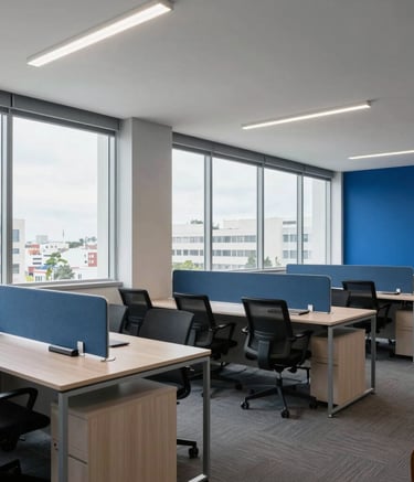 Wide shot of a clean, modern Brazilian corporate office with large windows, Steel Blue and Deep Ocean Blue accents, featuring ergonomic workstations and professional atmosphere.