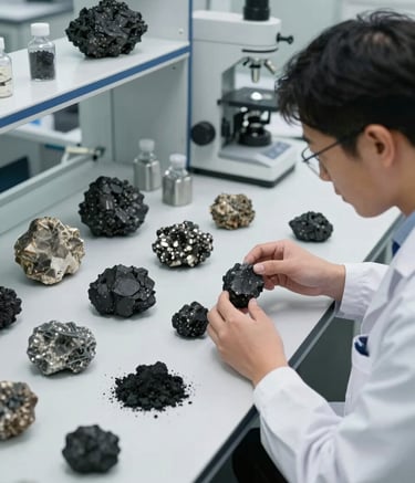 Professional high-angle photography of premium raw minerals and coal samples being meticulously inspected by an expert in a clean, sophisticated industrial laboratory. The setting is modern and international, featuring a palette of steel grey and off-white with crisp, clean lighting.