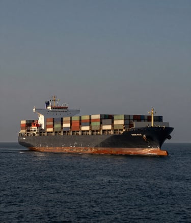 A wide-angle landscape photograph of a massive container ship moving through calm ocean waters toward a global shipping hub. The lighting is sophisticated twilight, emphasizing a professional atmosphere with colors of dark slate and steel grey.