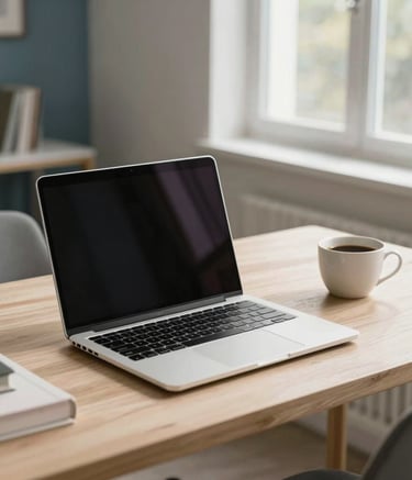 A modern home office in a North American setting. A sleek laptop sits on a light wood desk next to a ceramic cup of coffee. Natural morning light spills through a window, illuminating a clean, sophisticated workspace in off-white and dusty blue tones.
