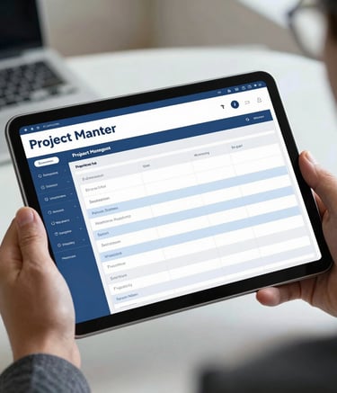 A close-up of a high-resolution tablet held by a person in professional attire in a North American office setting. The screen displays an organized project management template. Soft, diffused lighting highlights the sleek navy blue and light blue interface, emphasizing a sophisticated and empowering atmosphere.