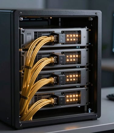 A close-up photography of a high-performance computer server with glowing golden data cables and status lights in a dark, clean room. The atmosphere is futuristic and professional, with a sleek, premium Turkish aesthetic.