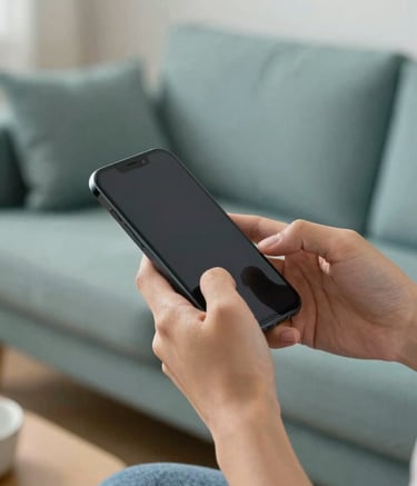 A close-up photograph of a person's hands securely using a modern smartphone in a well-lit living room. The atmosphere is calm and reliable, with soft frosted teal and muted slate blue accents in the background decor. High-quality professional lighting emphasizes clarity and safety.