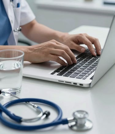 Close-up photography of a medical professional's hands using a modern laptop in a clean South American clinic office. A stethoscope lies neatly on the desk next to a glass of water, reflecting an organized and efficient workspace with Bright Blue elements.