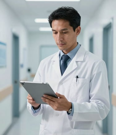 A professional South American male doctor in a crisp white medical coat, holding a slim digital tablet in a brightly lit, modern clinical corridor with Soft Blue accents. The lighting is clean and professional, emphasizing a high-tech healthcare environment.