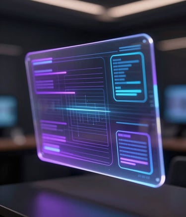 Close-up of a high-tech translucent holographic interface floating in a dark, sophisticated room in a North American tech hub. Subtle deep purple and neon blue light trails suggest fast data processing.