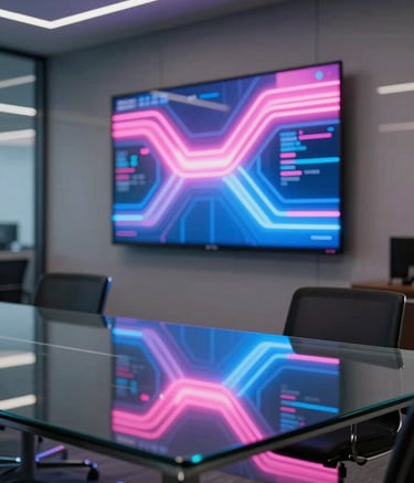 A modern North American office interior at night. A large glass table reflects vibrant pink and blue neon lights from a digital display on the wall. The atmosphere is premium and tech-focused.