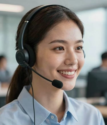 Close-up of a professional South American customer service representative wearing a modern headset, smiling warmly in a bright office. Background is a blurred, high-tech office with soft blue and gray tones.