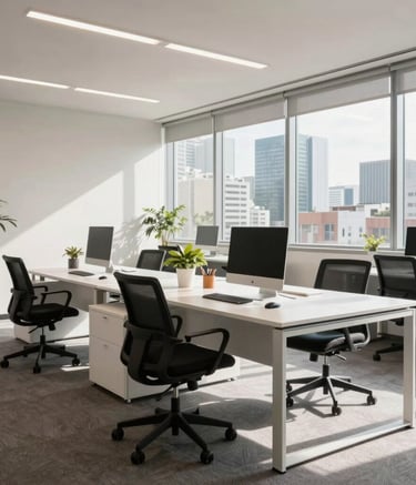 A modern, bright office interior in a South American city. A professional atmosphere with clean white desks and ergonomic chairs. Soft daylight coming from large windows. High-quality photography, sharp focus on the workspace.