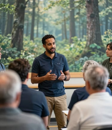 A professional and approachable photograph of Tom Berhane engaging in an active conversation with a diverse group of Minnesota residents at a local community center. The lighting is bright and natural, highlighting a forest green and soft blue background palette that feels clean and modern.