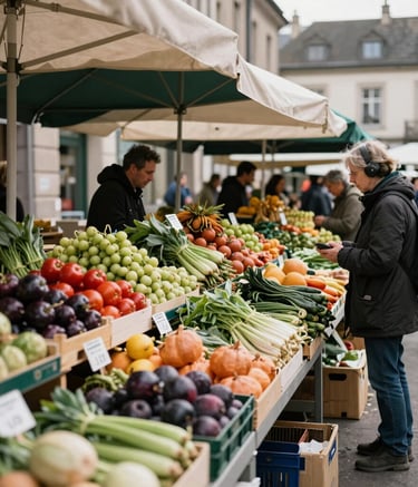 A wide-angle shot of a local farmers market in Europe, showing beautiful produce displays and people interacting, with a focus on high-quality organic textures and a sophisticated, clean aesthetic.