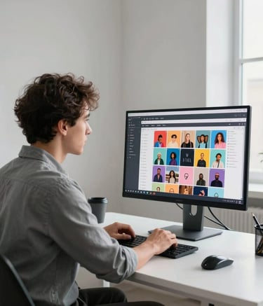 A professional creative director in a stylish, minimalist North American office setting, reviewing a vibrant social media content calendar on a large monitor, with soft natural light and a clean Scandinavian desk setup.