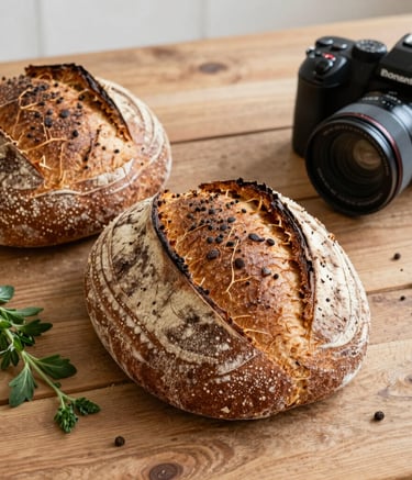 A high-angle, lifestyle shot of a rustic wooden table in a European-style bakery, featuring artisanal sourdough bread, fresh herbs, and a professional camera nearby, captured in soft morning light.