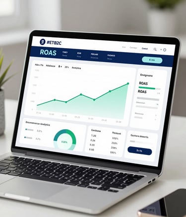 A high-quality, professional photograph of an e-commerce analytics dashboard on a modern tablet screen. The dashboard shows rising green graphs and high ROAS figures. The setting is a clean, modern workspace with a professional atmosphere, incorporating the brand colors #0E1B2C and #77A3CE in the UI of the software and subtle office decor.
