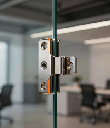 A high-precision stainless steel glass connector hinge mounted on a thick pane of clean architectural glass. Modern minimalist showroom setting. Soft dramatic industrial lighting with a sharp vibrant orange reflective highlight on the polished metal edge. Sleek, professional photography, Latin American / Spanish-speaking architectural office vibe.