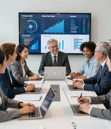 Close-up of hands analyzing colorful data visualizations on a tablet.