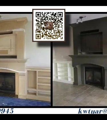 Before and after comparison of a custom fireplace mantel renovation with built-in shelving.