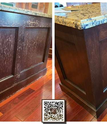Before and after professional kitchen island cabinet refinishing and wood stain restoration.