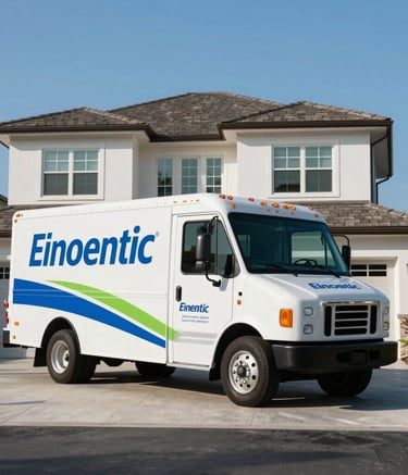 A wide-angle, trustworthy photo of a clean, modern white service truck with professional blue and green branding parked in front of a modern North American / US (Florida) home under a clear blue sky.