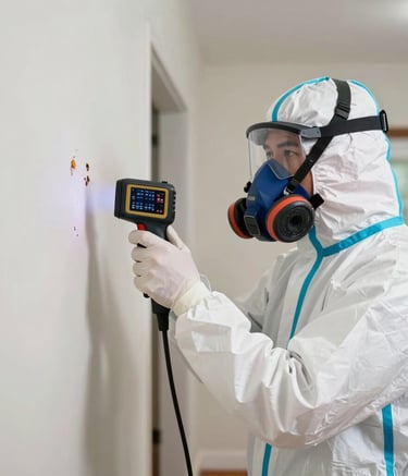 Professional remediation specialist wearing full white protective PPE gear and a safety respirator, using a thermal imaging camera to inspect a wall for hidden moisture in a North American / US (Florida) residential interior.