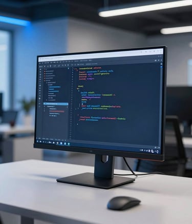 A modern, minimalist North American / US office space at night with bright blue accents. A high-resolution monitor shows clean lines of code, reflecting professional software development and innovative technology solutions.