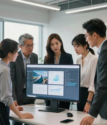 A group of professional business people in a bright, modern North American / US workplace. They are looking at a shared digital screen, showcasing teamwork and collaborative innovation in a clean tech environment.